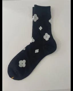 Socks | Black Sheer w Grey Flowers