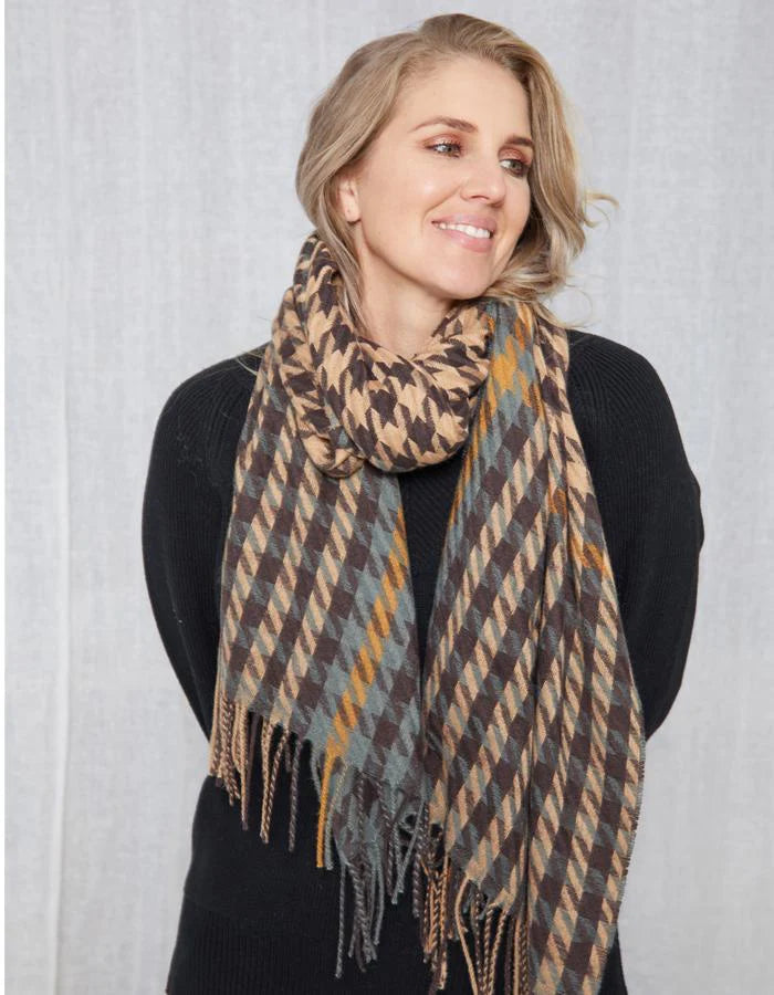 Stella + Gemma | Scarf - Brown Green Tan & Orange Houndstooth