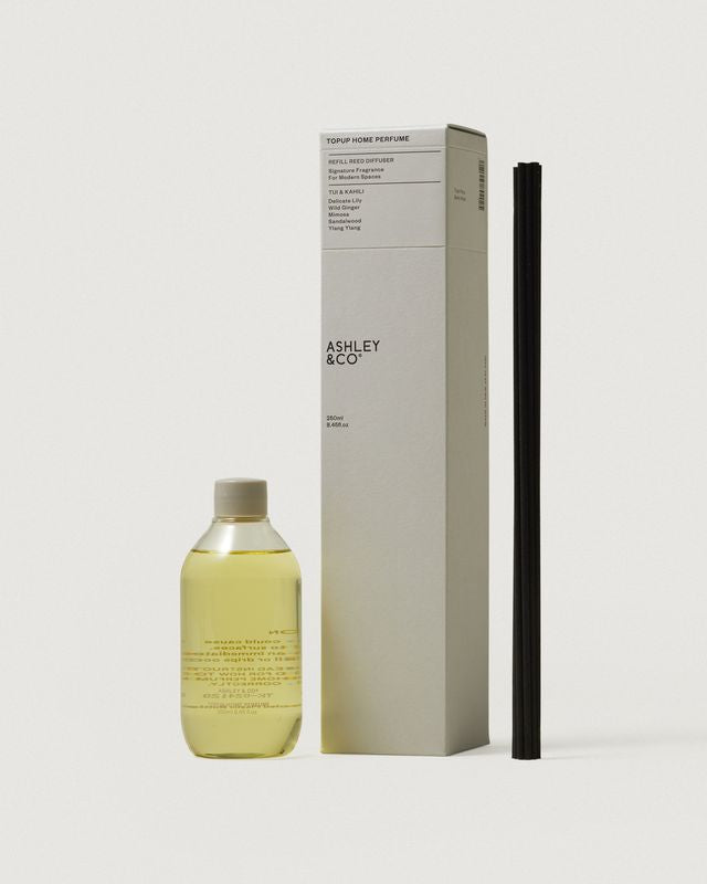 Ashley & Co Home Perfume Topup refill in Tui & Kahili with reeds and grey box