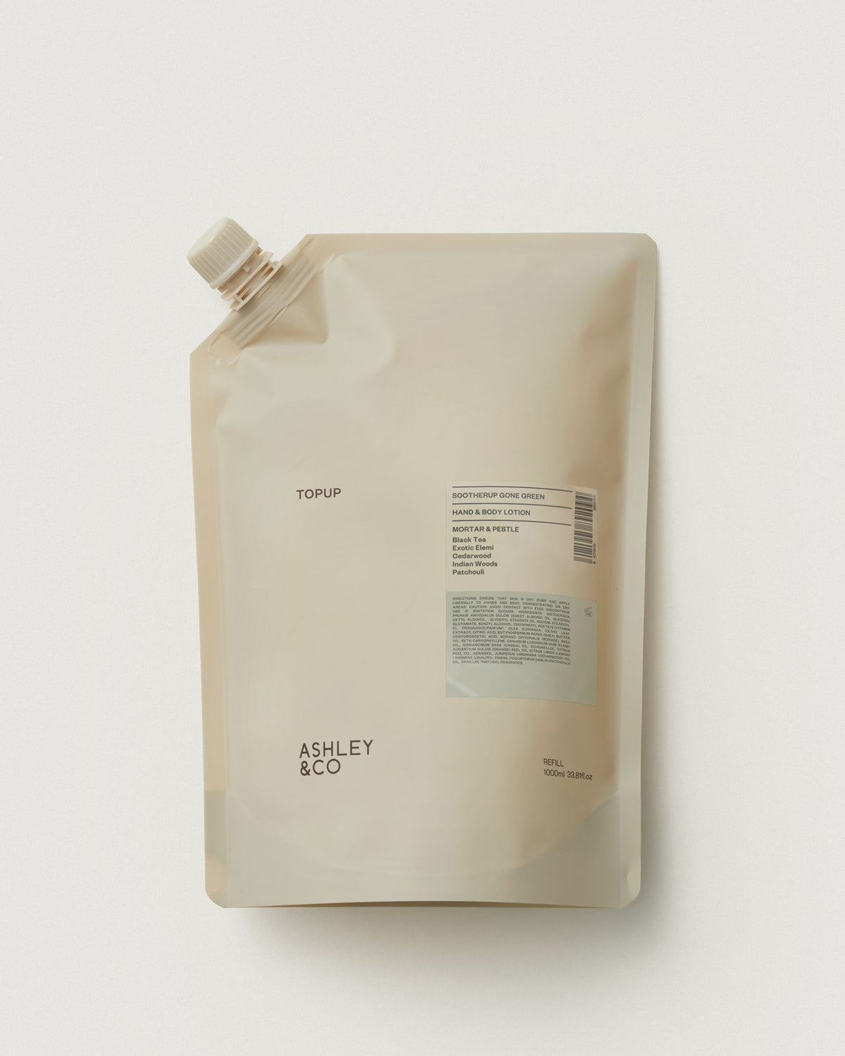 Ashley & Co Sootherup Topup hand and body lotion refill 1000ml, Gone Green Mortar & Pestle scent
