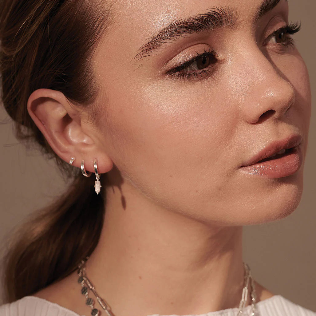 Hanging Baugette Huggies | Rose Quartz