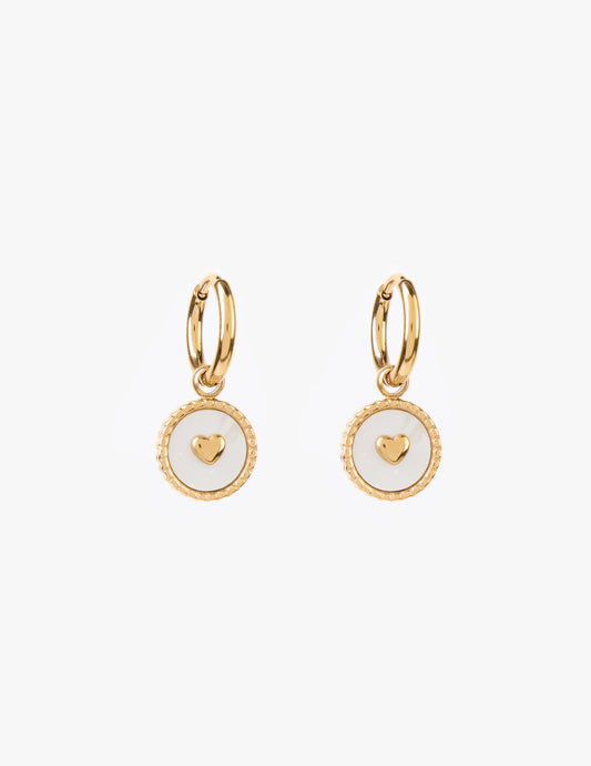 Gold Shell Round Pendant w Mini Heart Earrings