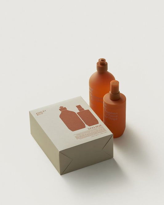 Ashley & Co Dog Box grooming gift set with orange Awoof Wash and Ruff Star bottles