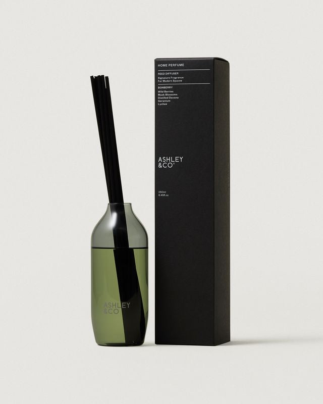 Ashley & Co Home Perfume reed diffuser in Bonberry with green glass vase and black box