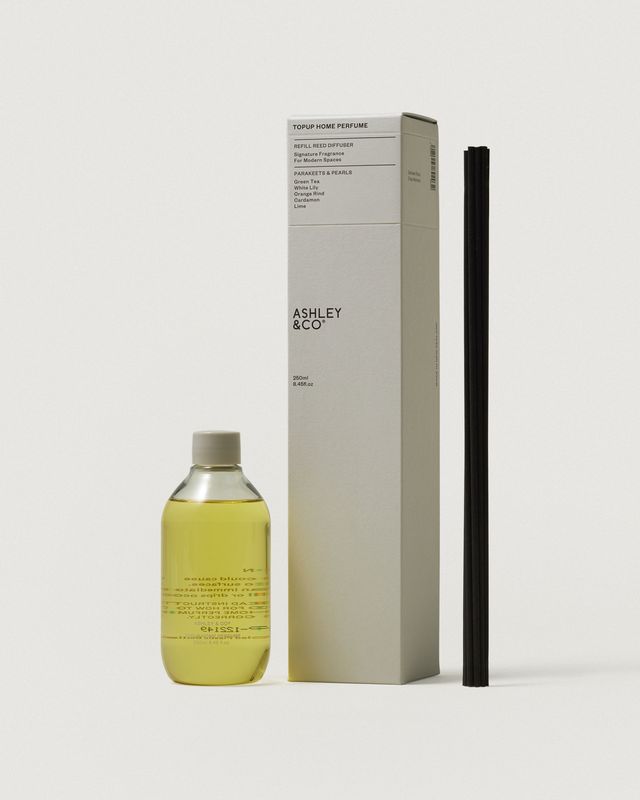 Ashley & Co Home Perfume Topup refill in Parakeets & Pearls with reeds and grey box