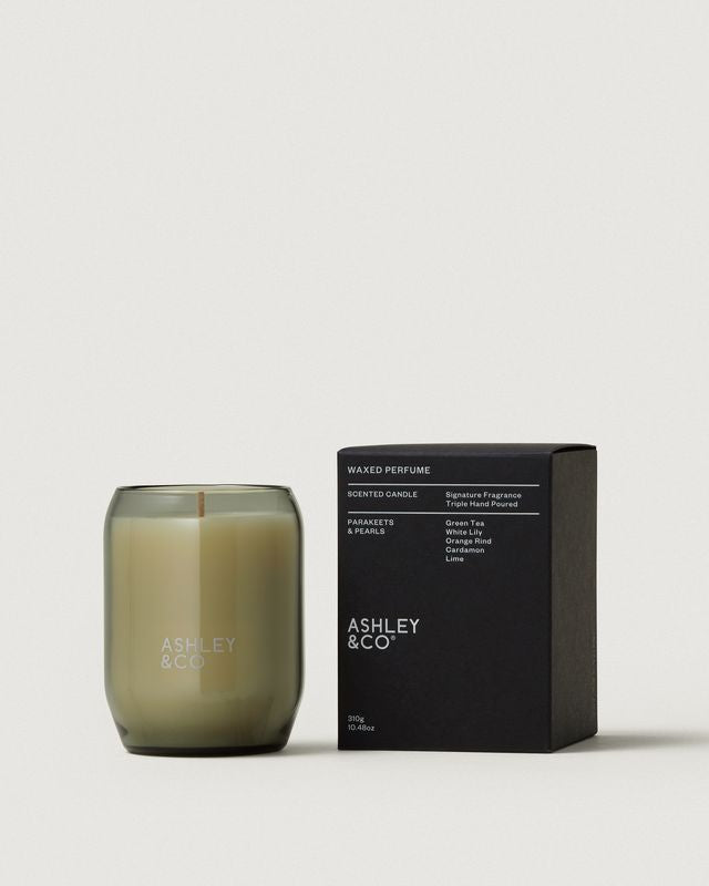 Ashley & Co Waxed Perfume candle in Parakeets & Pearls with glass jar and black box