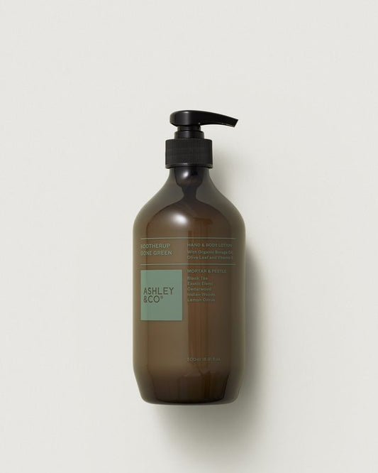 Ashley & Co Sootherup hand and body lotion 500ml, Mortar & Pestle Gone Green scent