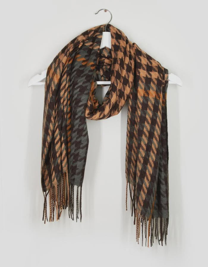 Stella + Gemma | Scarf - Brown Green Tan & Orange Houndstooth