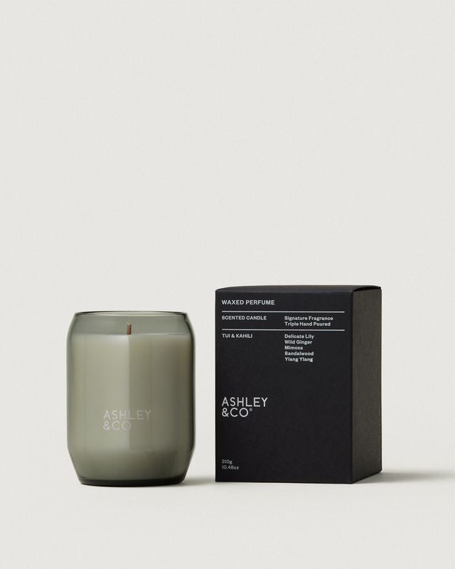 Ashley & Co Waxed Perfume candle in Tui & Kahili with glass jar and black box