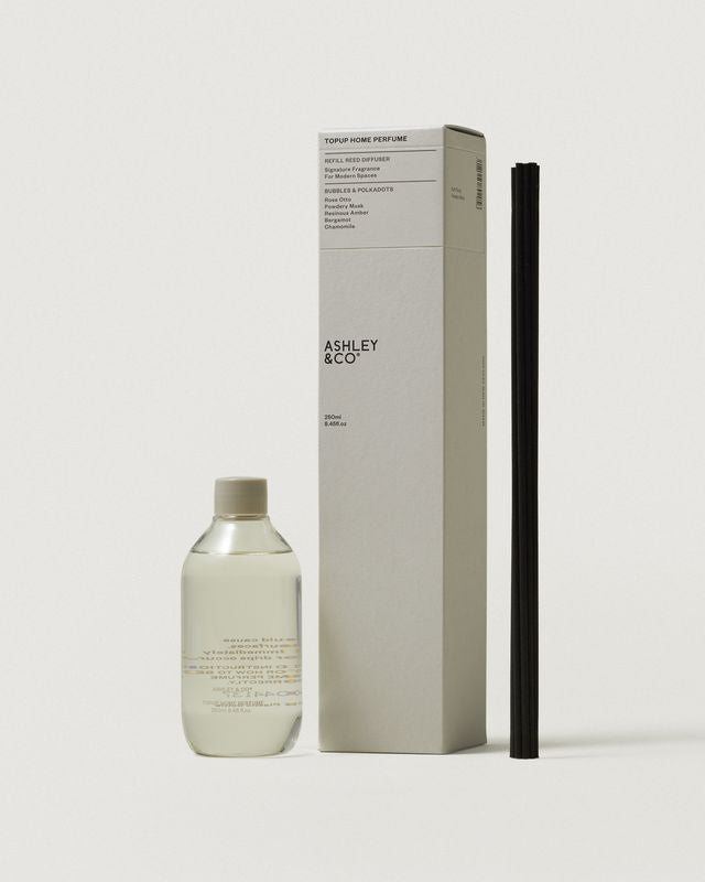 Ashley & Co Home Perfume Topup refill in Bubbles & Polkadots with reeds and grey box