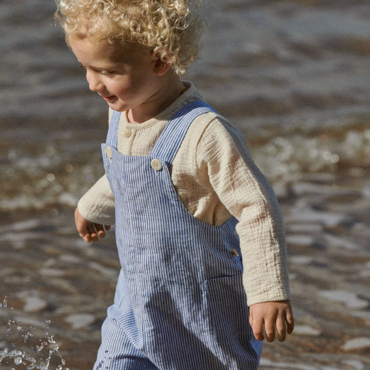 Tucker Linen Shortie Overalls | Blue Stripe