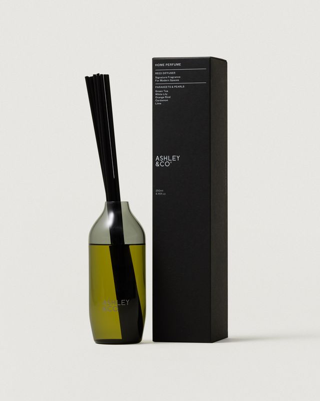Ashley & Co Home Perfume reed diffuser in Parakeets & Pearls with glass vase and black box