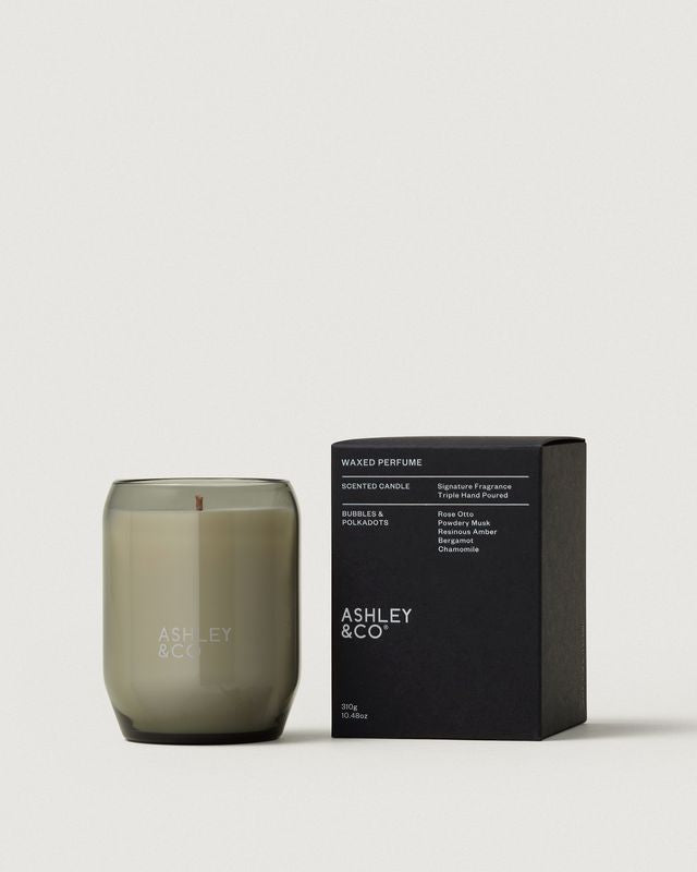 Ashley & Co Waxed Perfume candle in Bubbles & Polkadots with glass jar and black box