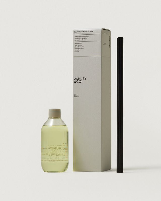 Ashley & Co Home Perfume Topup refill in Bonberry with reeds and grey box